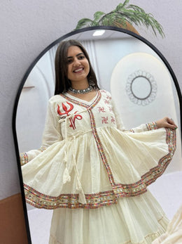 Women’s White Traditional Indian lengha choli with Embroidered Border and Printed Ethnic Motifs