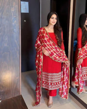 Women’s Red Embroidered Kurta Set with Printed Dupatta