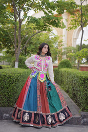 Women’s Black Printed Anarkali Gown with Kutchi Gamthi Embroidery and Mirror Work