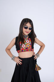 Indian Lehenga Choli Set, Black Flared Lehenga Skirt with Colorful Embroidered Border