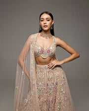 Women’s Beige Embroidered Lehenga Choli Set with Dupatta