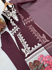 Women’s Maroon Embroidered Long Kurta with Ethnic Design