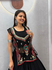 Women’s Black Lehenga Choli Set, Traditional Indian Ethnic Wear with Embroidered Mirror Work