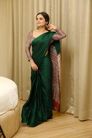Women’s Ready to Wear Crape Silk Saree, Elegant Dark Green Printed Stitched Saree