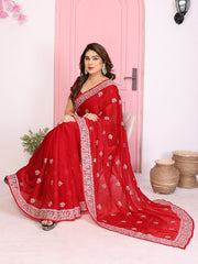Red Saree for Women with Embroidered Border and Floral Motif Work