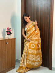 Women’s Mustard Yellow Mul Cotton Saree with White Printed Design, Ready-to-Wear