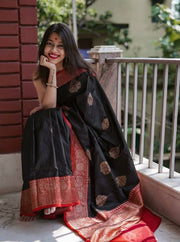 Black Silk Saree for Women with Gold Butti Design and Rich Red Jacquard Zari Border