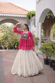 Women’s Embroidered Black Peplum Kurti with White Flared Lehenga Skirt