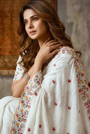 Women’s White Embroidered Saree with Floral Border and Printed Motifs
