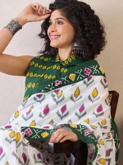 Women’s Ready to Wear Mul Cotton Saree with Pocket, White and Green Printed Saree