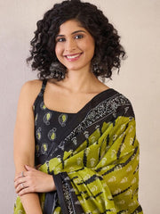 Women’s Ready to Wear Mul Cotton Saree with Pocket, Olive Green and Black Printed Stitched Saree