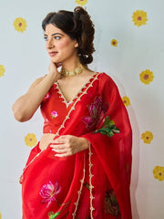 Women’s Red Floral Printed Saree with Embroidered Border