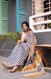 Women’s Ready to Wear Mul Cotton Saree with Pocket, Blue and Mustard Printed Stitched Saree