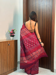 Women’s Wine Red Mul Cotton Printed Saree with Traditional Patterned Border