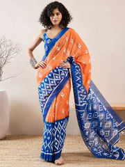 Women’s Ready to Wear Mul Cotton Saree with Pocket, Orange and Blue Printed