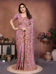 Women with Floral Embroidery Work and Designer Border, Elegant Indian Traditional Saree