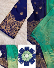 Navy Blue and Teal Green Soft Silk Saree for Women
