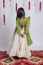 Women Girls Traditional Indian Lehenga Choli Set with Olive Green Bandhani Printed Top