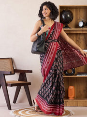 Women’s Black and Red Printed Mul Cotton Ready to Wear Saree with Pocket