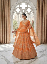 Women’s Orange Embroidered Lehenga Choli Set with Dupatta, Traditional