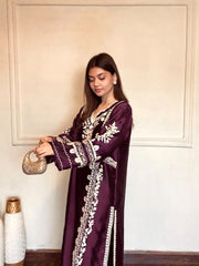 Women’s Maroon Embroidered Long Kurta with Ethnic Design